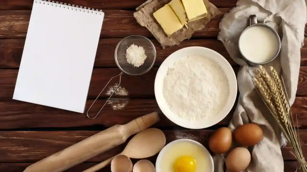 Ingredientes dispostos sobre a mesa para preparar uma torta de frango com pão amanhecido, incluindo farinha, ovos, leite, manteiga e caderno de receitas.