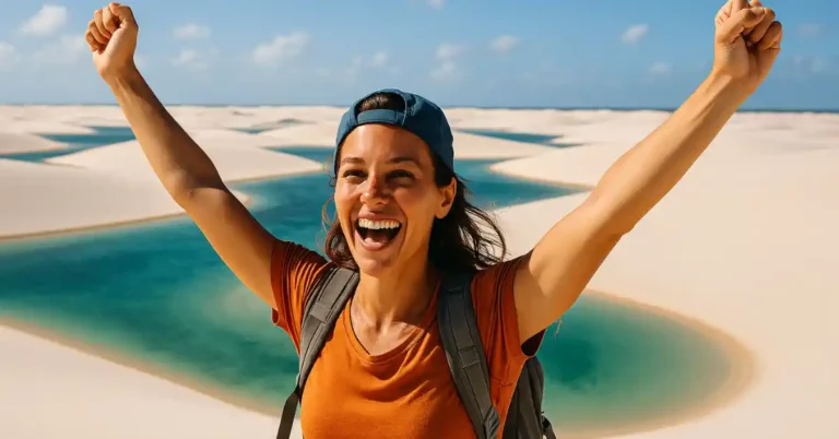 Pessoa sorridente com mochila e braços erguidos diante de dunas e lagoas cristalinas — cenário perfeito para trilhas para amantes da natureza.