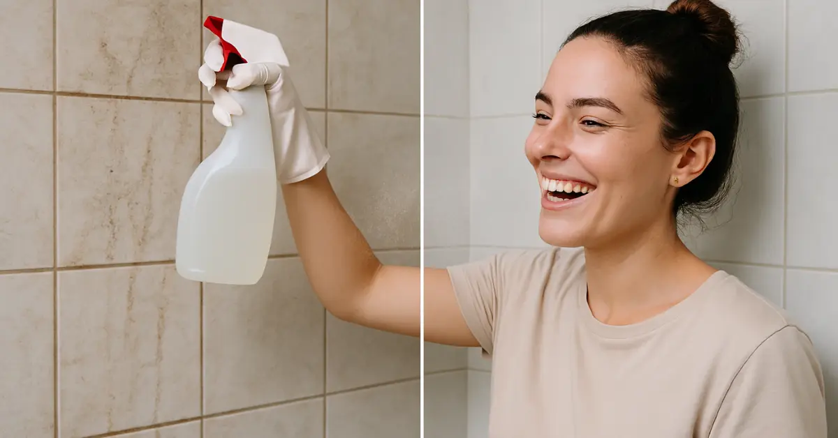 Mulher sorridente usando luva branca e borrifando vinagre no box do banheiro para limpar manchas nos azulejos.