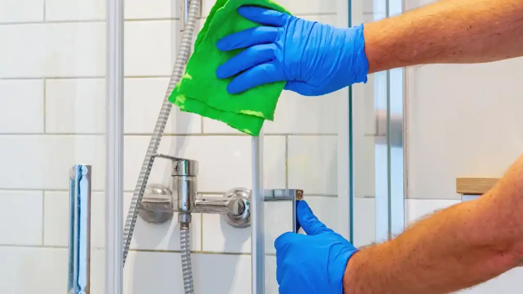 Pessoa com luvas azuis limpando o box do banheiro com pano verde, ilustrando o uso de vinagre no box do banheiro para remover manchas e sujeiras.