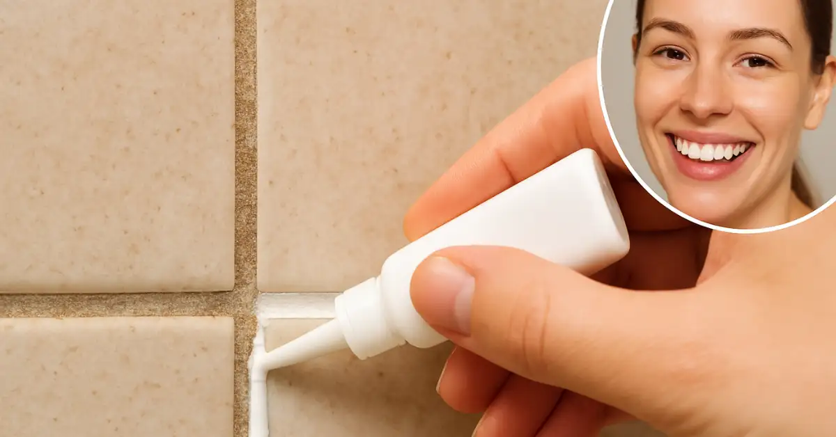 Pessoa aplicando produto branco nos rejuntes entre azulejos, demonstrando técnica de como limpar rejuntes de forma eficaz.