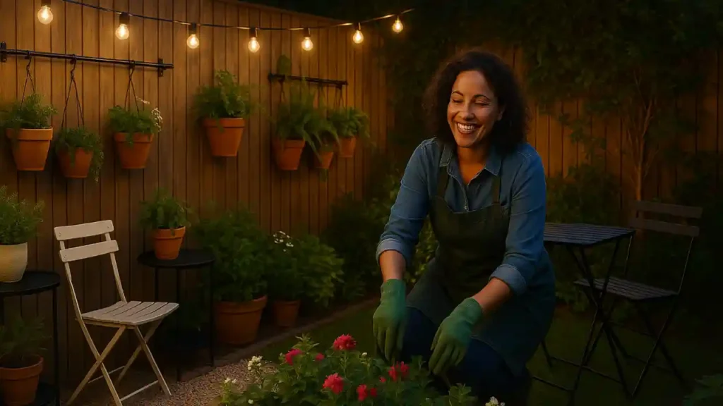 Mulher sorridente cuidando de flores vermelhas em jardim com vasos pendurados e iluminação aconchegante, exemplo de decoração de jardim pequena.