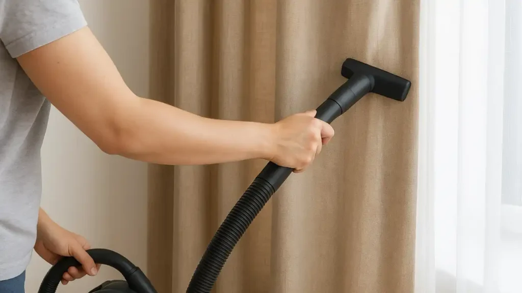Pessoa utilizando aspirador de pó para limpar cortina bege sem tirar do varão, com fundo composto por cortinas brancas translúcidas.