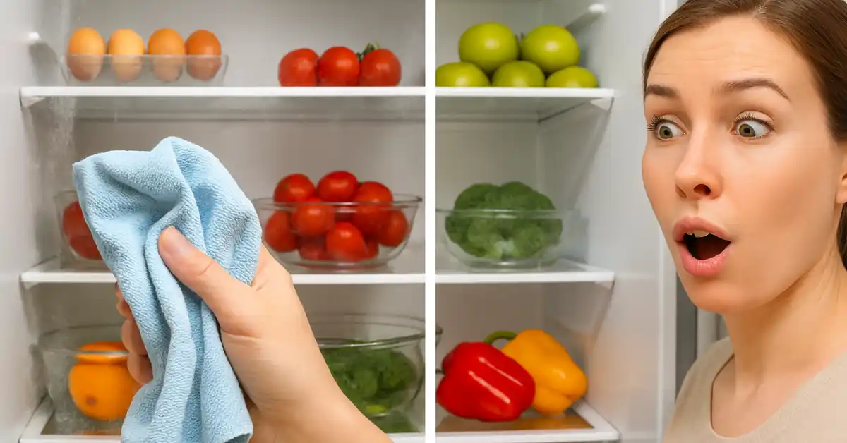Pessoa limpando o interior da geladeira com pano azul, enquanto alimentos estão organizados nas prateleiras — exemplo de limpeza profunda de geladeira.