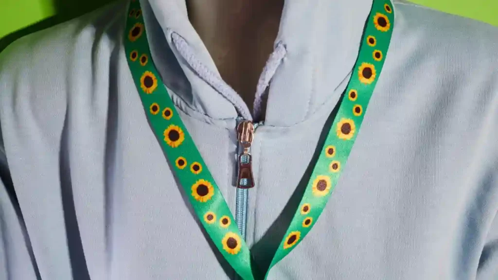 Mannequim com moletom cinza claro e cordão verde com girassóis, símbolo de apoio à neurodivergência, frequentemente usado por mães de neurodivergentes.