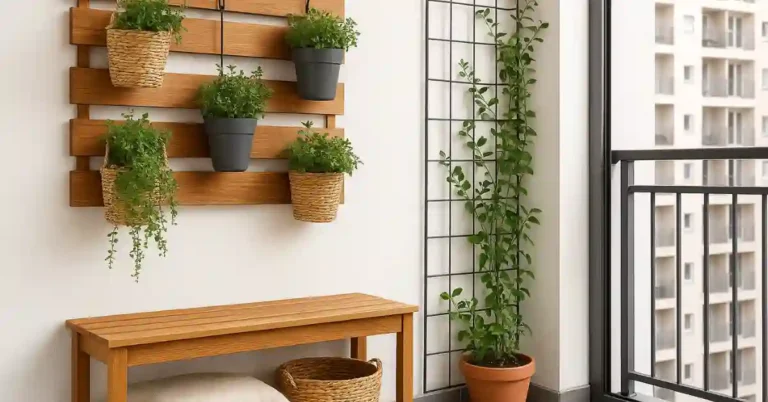 Organização vertical para varanda com pallet de madeira reaproveitado, vasos pendurados com plantas verdes, banco com cestos e treliça com planta trepadeira.