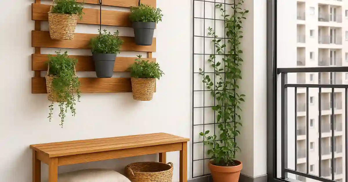 Organização vertical para varanda com pallet de madeira reaproveitado, vasos pendurados com plantas verdes, banco com cestos e treliça com planta trepadeira.
