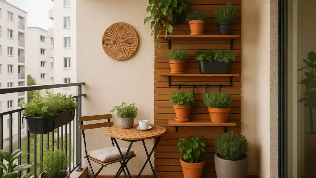 Varanda pequena com jardim vertical em painel de madeira, vasos de plantas, mesa e cadeira dobrável, criando um ambiente aconchegante e funcional.