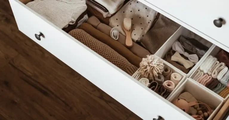 Gaveta organizada com roupas e acessórios de bebê, refletindo a preparação e os cuidados nos primeiros meses de maternidade.