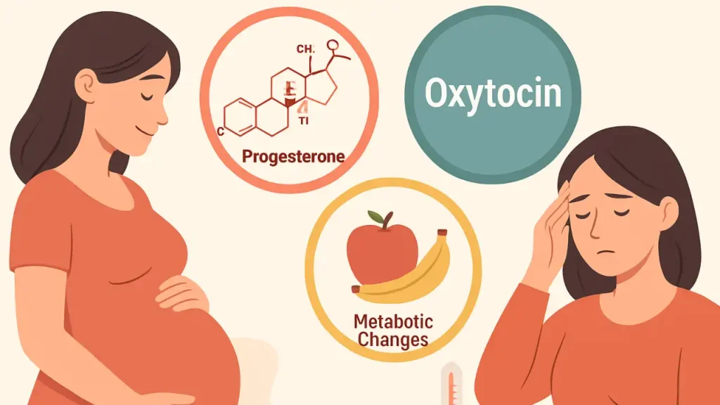 Ilustração de mudanças hormonais e metabólicas que ocorrem quando você se torna mãe, incluindo progesterona, ocitocina e alterações emocionais.
