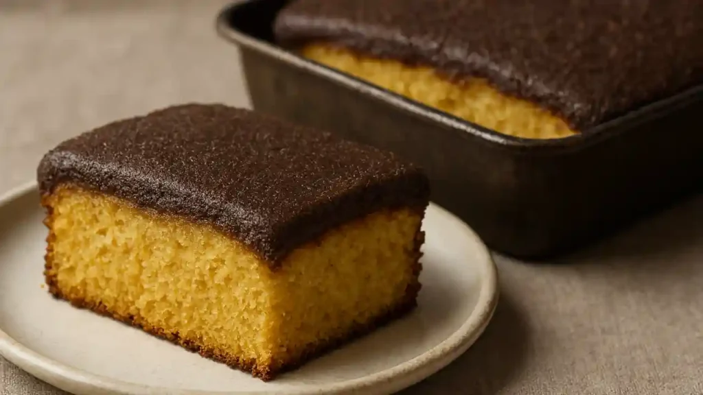 Bolo de cenoura com cobertura de chocolate, servido em prato claro, com forma ao fundo — típico das receitas da Ana Maria Braga.