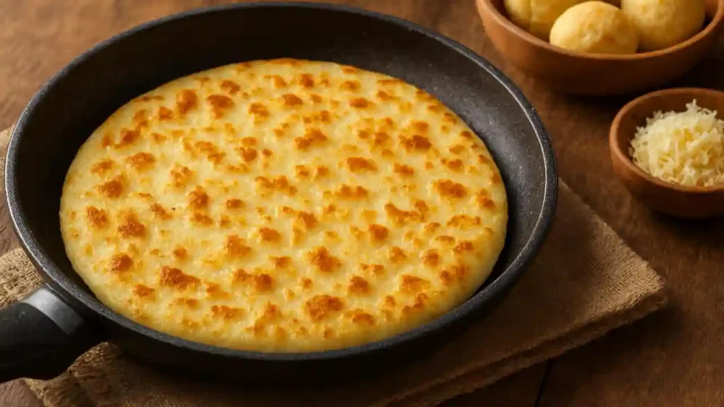 Pão de frigideira dourado e crocante servido em uma panela preta sobre uma mesa rústica, acompanhado de queijo ralado e pãezinhos — uma opção deliciosa para receitas de lanche fáceis e rápidas.
