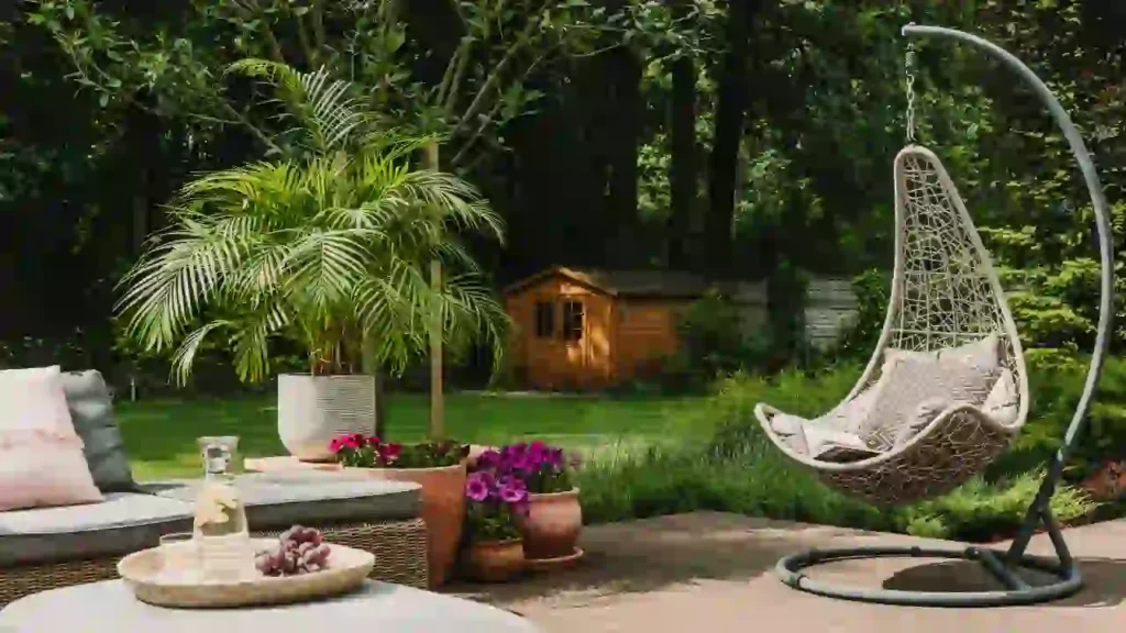 Espaço externo com cadeira suspensa, plantas e flores coloridas, mostrando como decorar pode transformar o jardim em um ambiente relaxante.