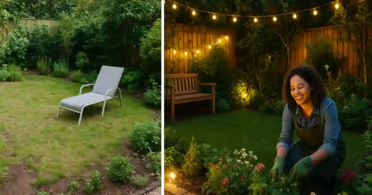 Antes e depois de um jardim, mostrando como iluminação e cuidados podem transformar o jardim em um espaço acolhedor.