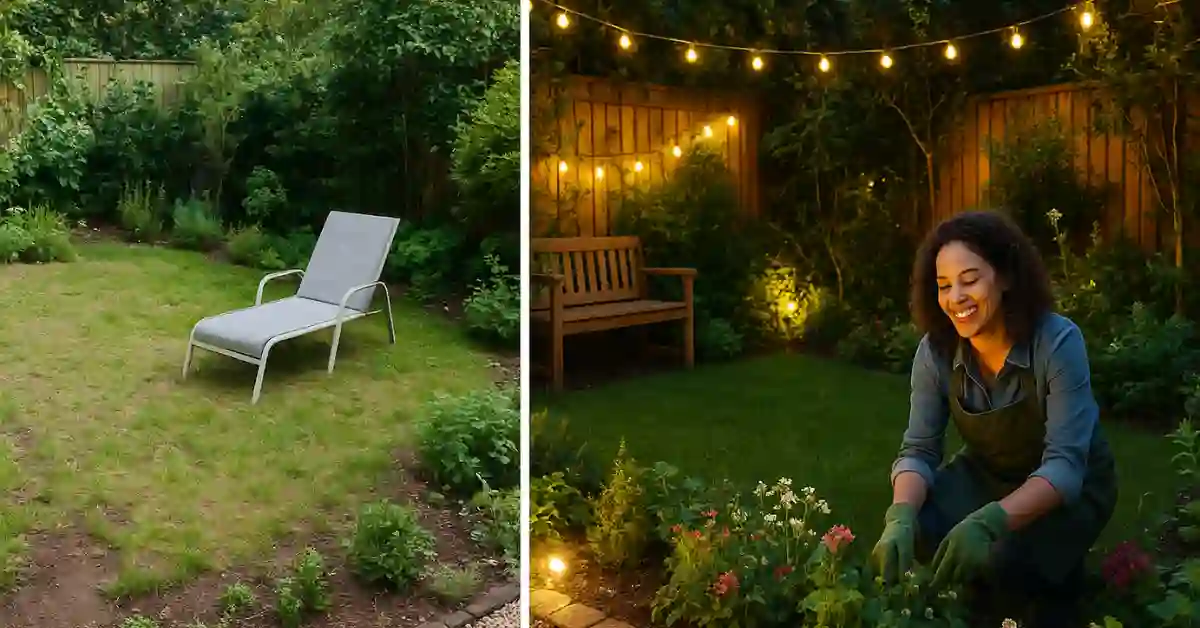Antes e depois de um jardim, mostrando como iluminação e cuidados podem transformar o jardim em um espaço acolhedor.