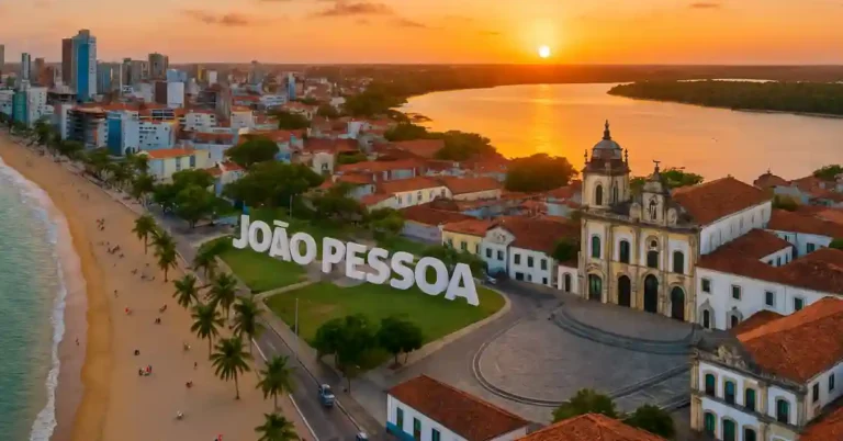 Vista aérea do centro histórico e litoral ao pôr do sol, destacando o turismo em João Pessoa no Brasil.