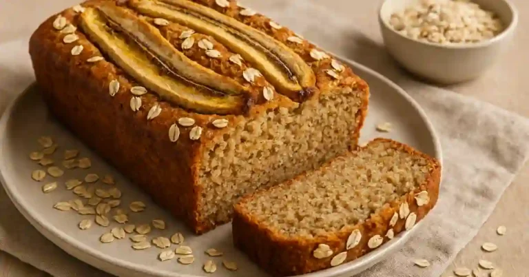 Bolo de banana com aveia sem açúcar servido em um prato claro, com fatia cortada à frente e bananas por cima, decorado com flocos de aveia.