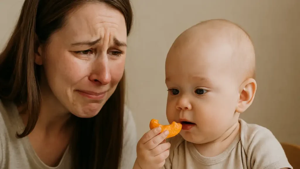 Adulto observa bebê segurando um alimento laranja durante momento de introdução alimentar.
